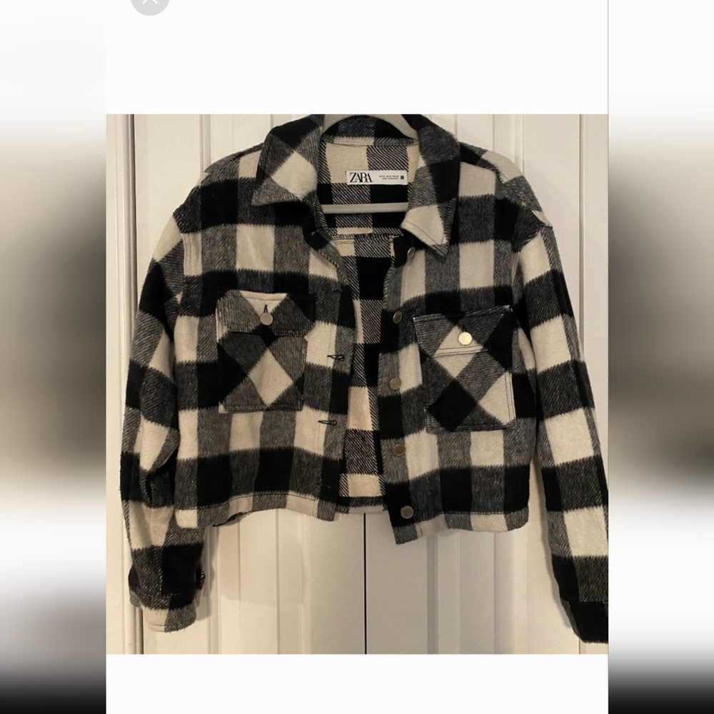 Zara Black and White Plaid Jean Jacket